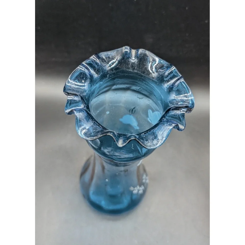 Vintage Blue Hand Blown Glass Ruffled Rim Vase Hand Painted Floral Gold Accents